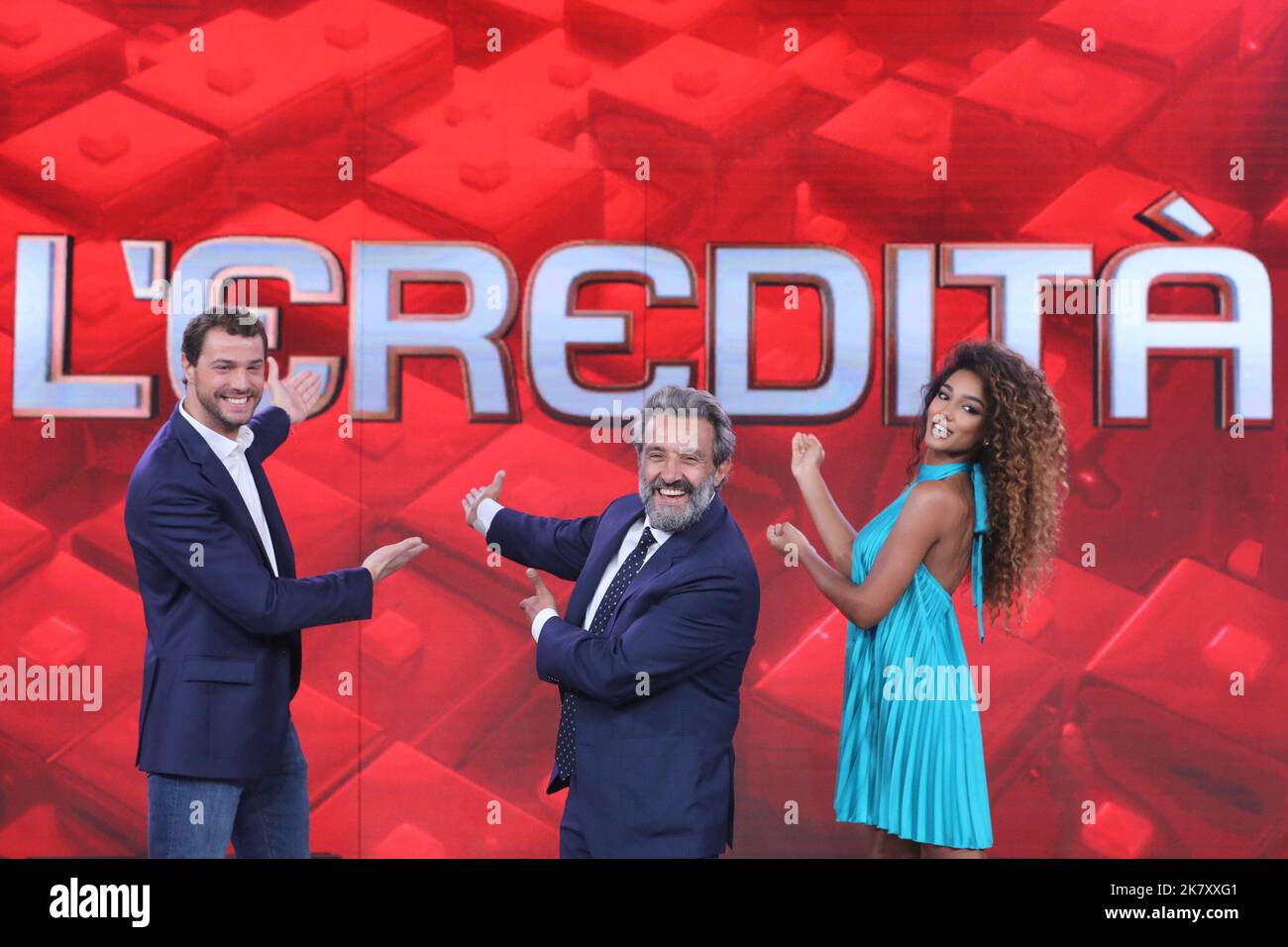 Rome, Italy. 18th Oct, 2022. Rome, Rai studios ex Dear, TV show 'L'Eredita ''. In the photo: Andrea Cerelli, Flavio Insinna, Samira Lui Credit: Independent Photo Agency/Alamy Live News Stock Photo