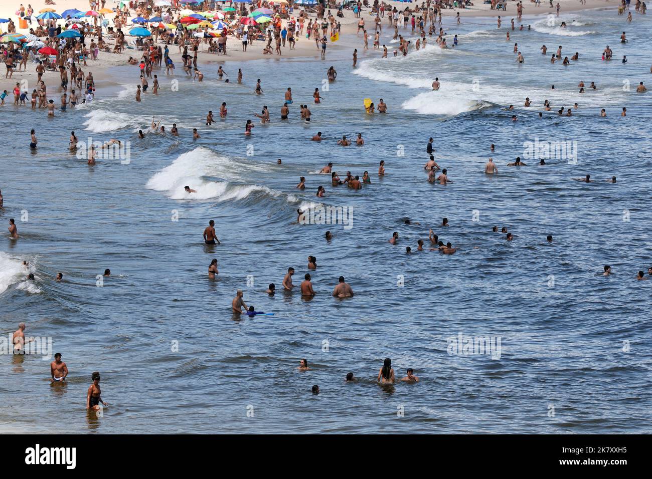 People bathing at beach near shore. Crowd enjoy summer day swimming at