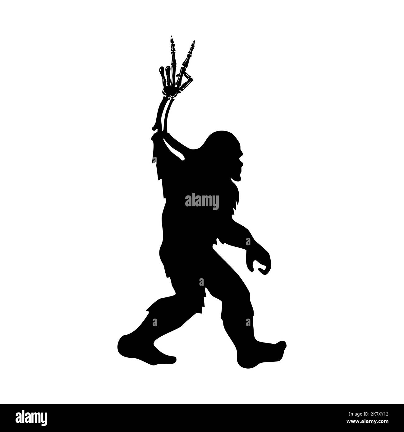 Halloween Yeti with skeleton hand. Big Foot with peace hand sign