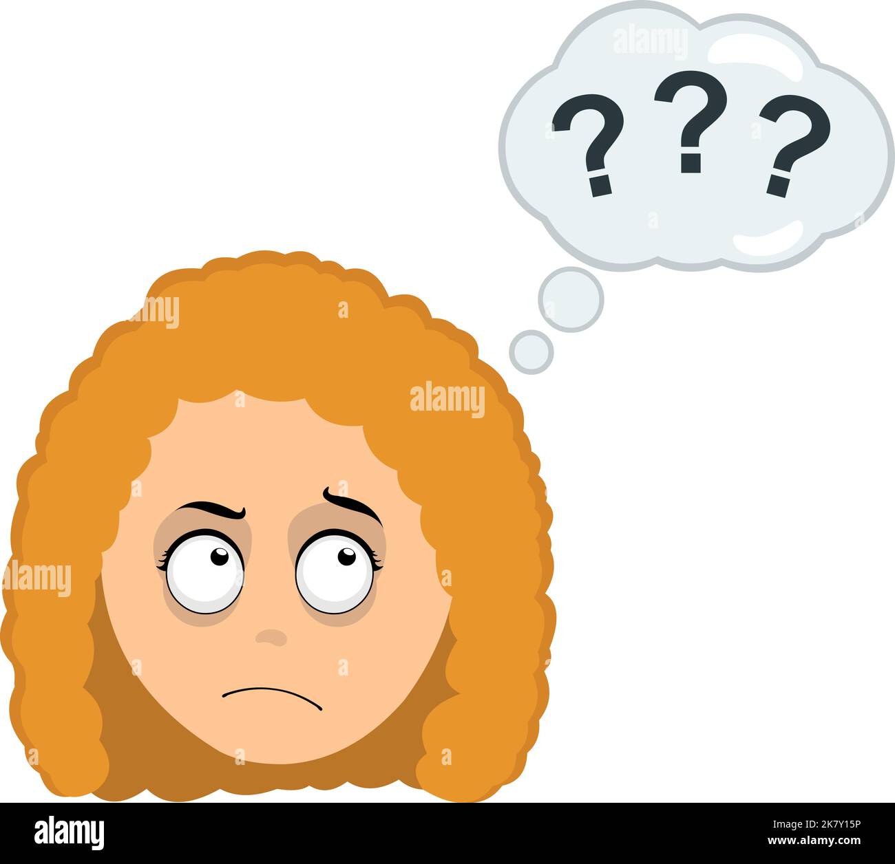 Vector illustration of a cartoon woman with a thinking or doubt expression, with a thought cloud and question marks Stock Vector