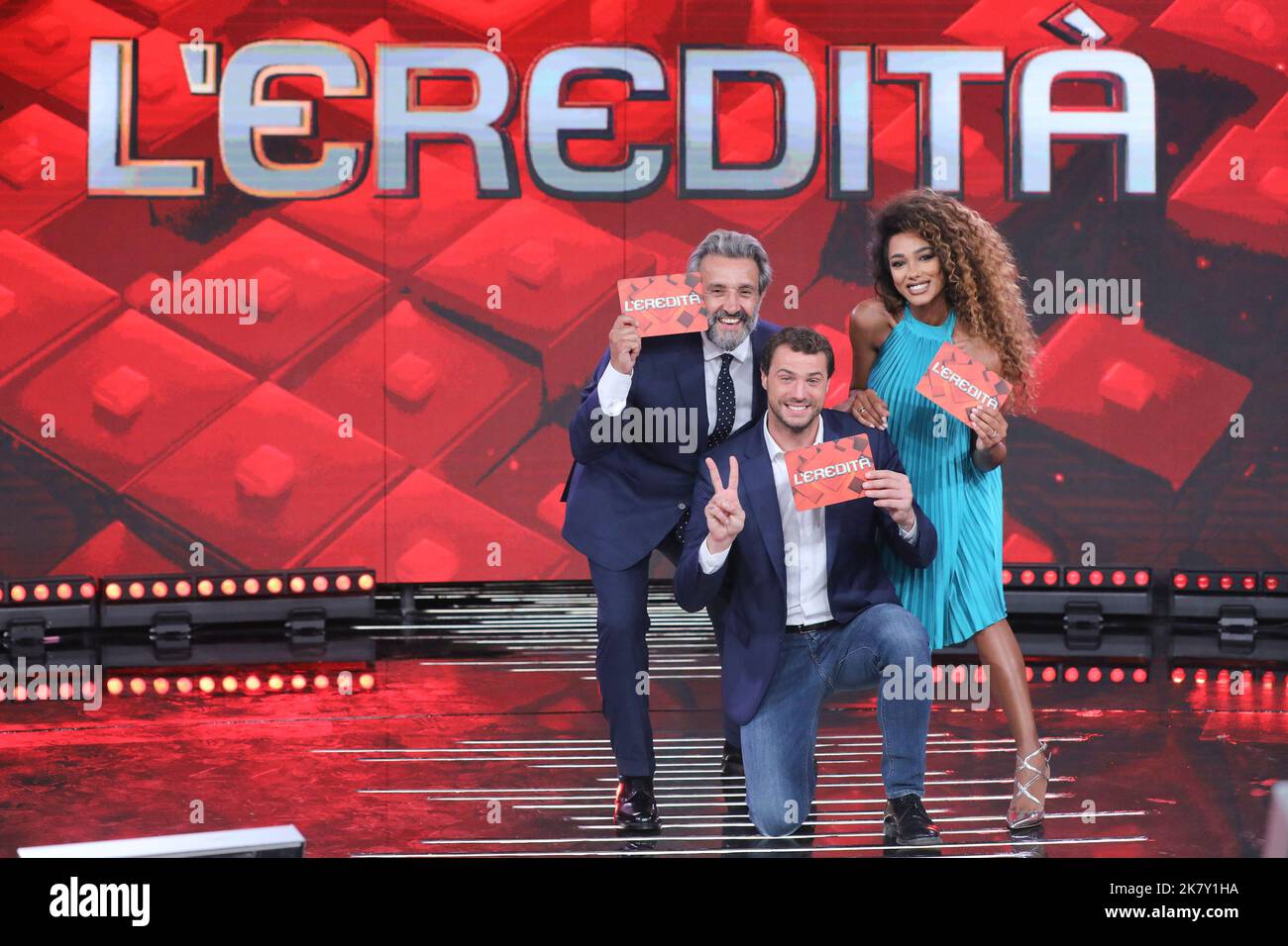 Rome, Italy. 18th Oct, 2022. Rome, Rai studios ex Dear, TV show 'L'Eredita ''. In the photo: Flavio Insinna, Andrea Cerelli, Samira Lui Credit: Independent Photo Agency/Alamy Live News Stock Photo