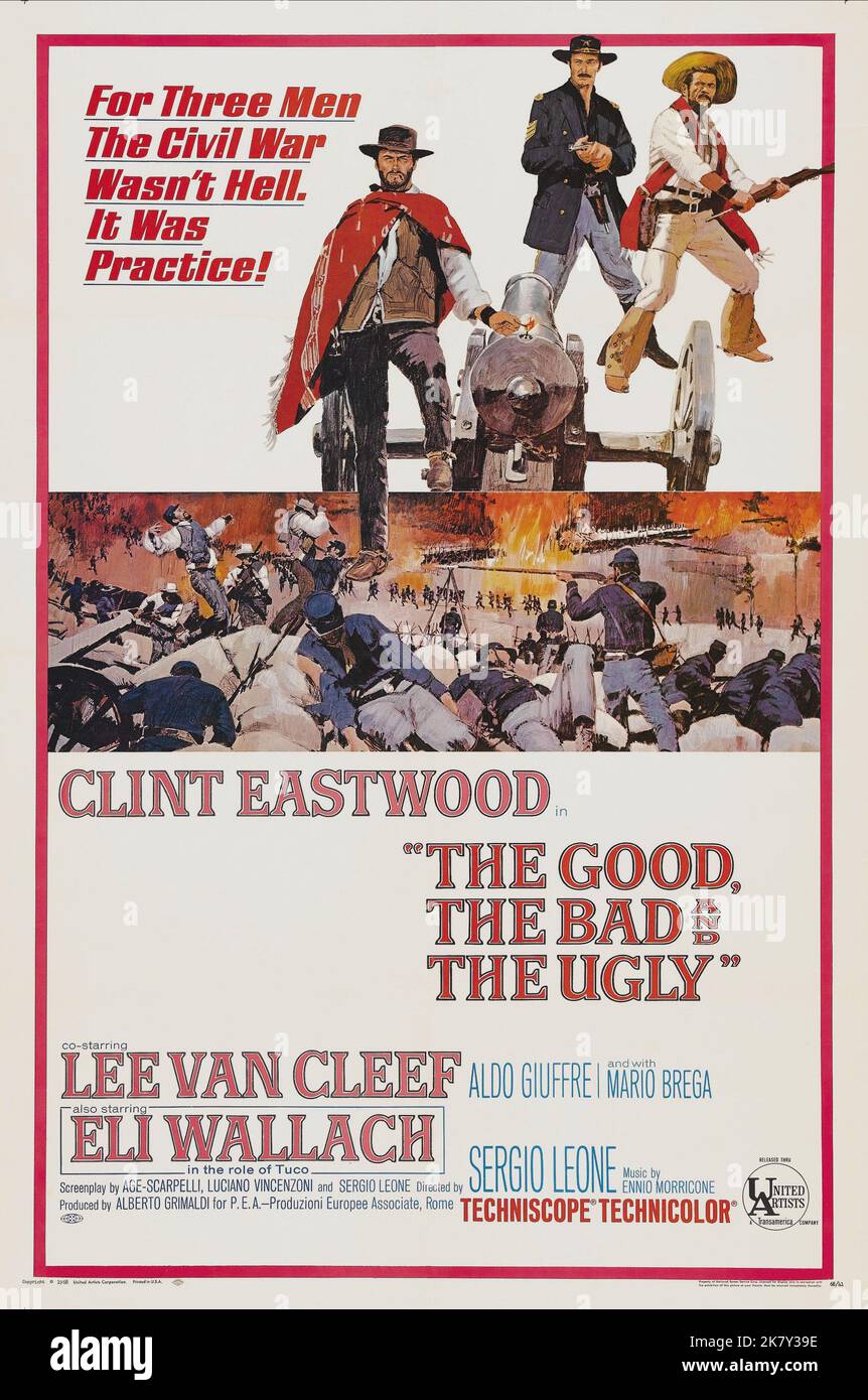 Clint Eastwood, Lee Van Cleef & Eli Wallach Film: The Good, The Bad And The Ugly; Il Buono, Il Brutto, Il Cattivo (IL BUONO) Characters: Blondie, Sentenza, Tuco Il Brutto, Il Cattivo, It/E/De/Usa 1966, Director: Sergio Leone 23 December 1966 **WARNING** This Photograph is for editorial use only and is the copyright of UNITED ARTISTS and/or the Photographer assigned by the Film or Production Company and can only be reproduced by publications in conjunction with the promotion of the above Film. A Mandatory Credit To UNITED ARTISTS is required. The Photographer should also be credited when kno Stock Photo