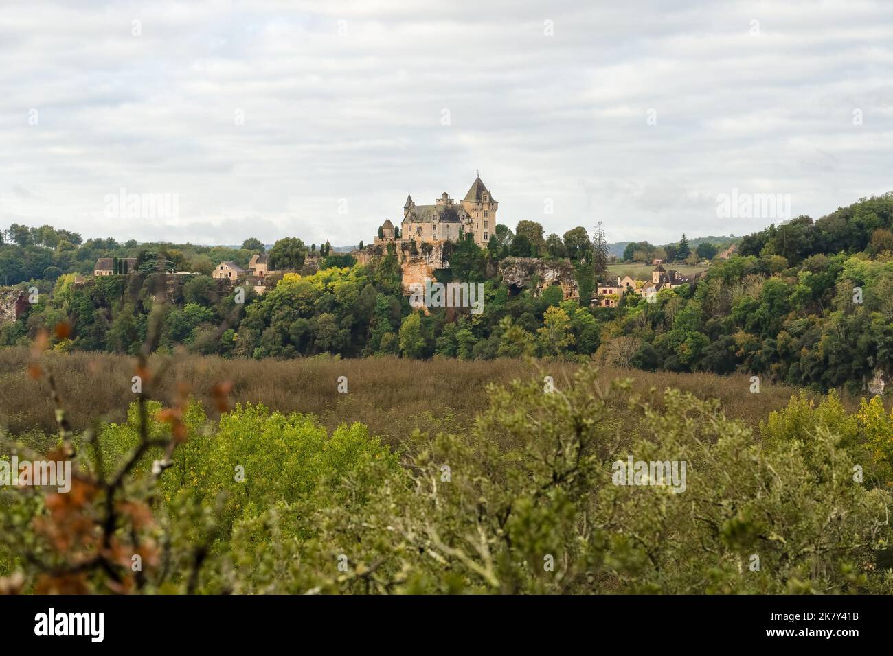 French turreted chateau with commanding skyline and extensive views of surrounding countryside Stock Photo