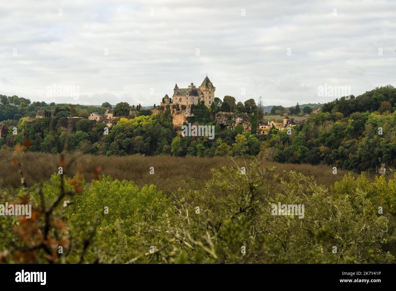 French turreted chateau with commanding skyline and extensive views of surrounding countryside Stock Photo