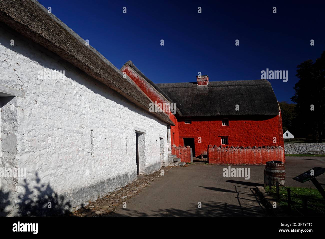 Kennixton farmhouse, St Fagans Museum of History, Cardiff. Autumn 2022. October. Red walls are painted with  ox blood and lime. 1610. Stock Photo