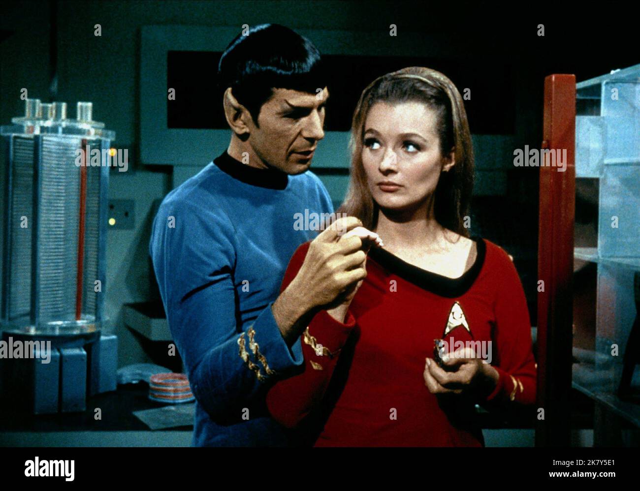 Leonard Nimoy & Diana Muldaur Television: Star Trek (TV-Serie) Characters: Mr. Spock & Ann Mulhall  Usa 1966-1969, / Star Trek: The Original Series / Tos 08 September 1966   **WARNING** This Photograph is for editorial use only and is the copyright of PARAMOUNT and/or the Photographer assigned by the Film or Production Company and can only be reproduced by publications in conjunction with the promotion of the above Film. A Mandatory Credit To PARAMOUNT is required. The Photographer should also be credited when known. No commercial use can be granted without written authority from the Film Comp Stock Photo