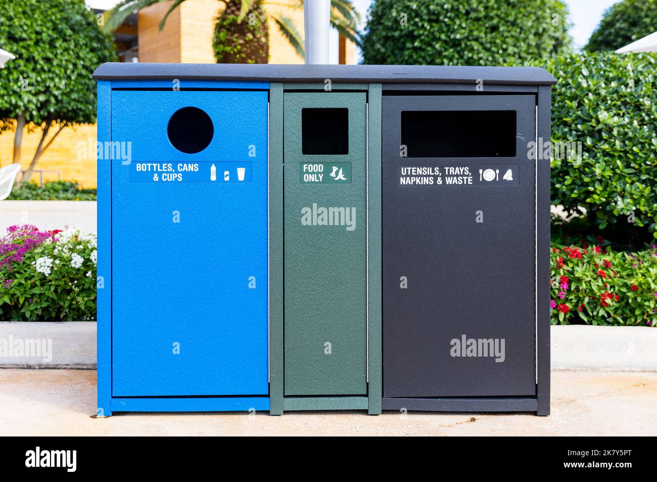 Colorful recycle collection bins for sorting trash to be recycled Stock