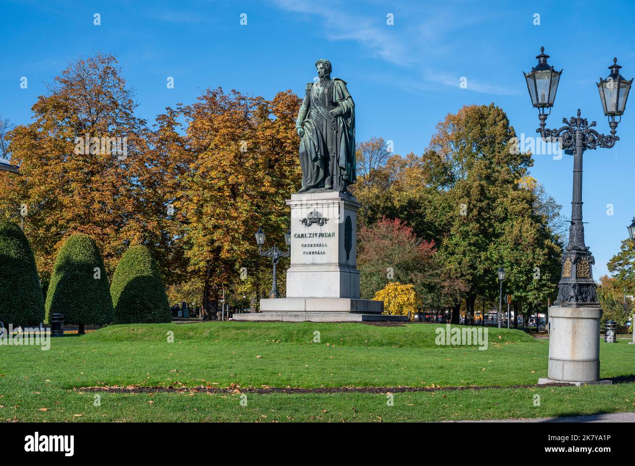 Carl Johans park with the statue of king Karl XIV Johan during fall in