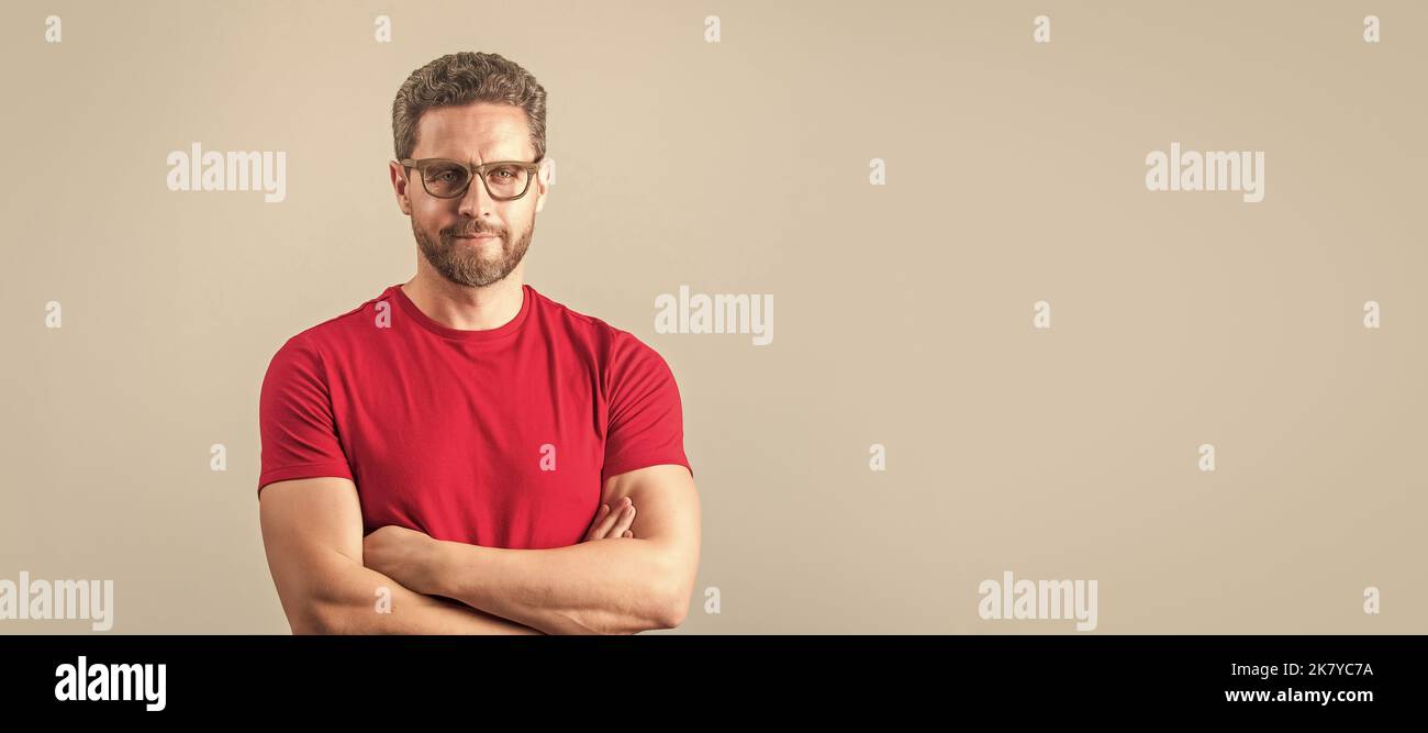 Man face portrait, banner with copy space. vision acuity and eyesight