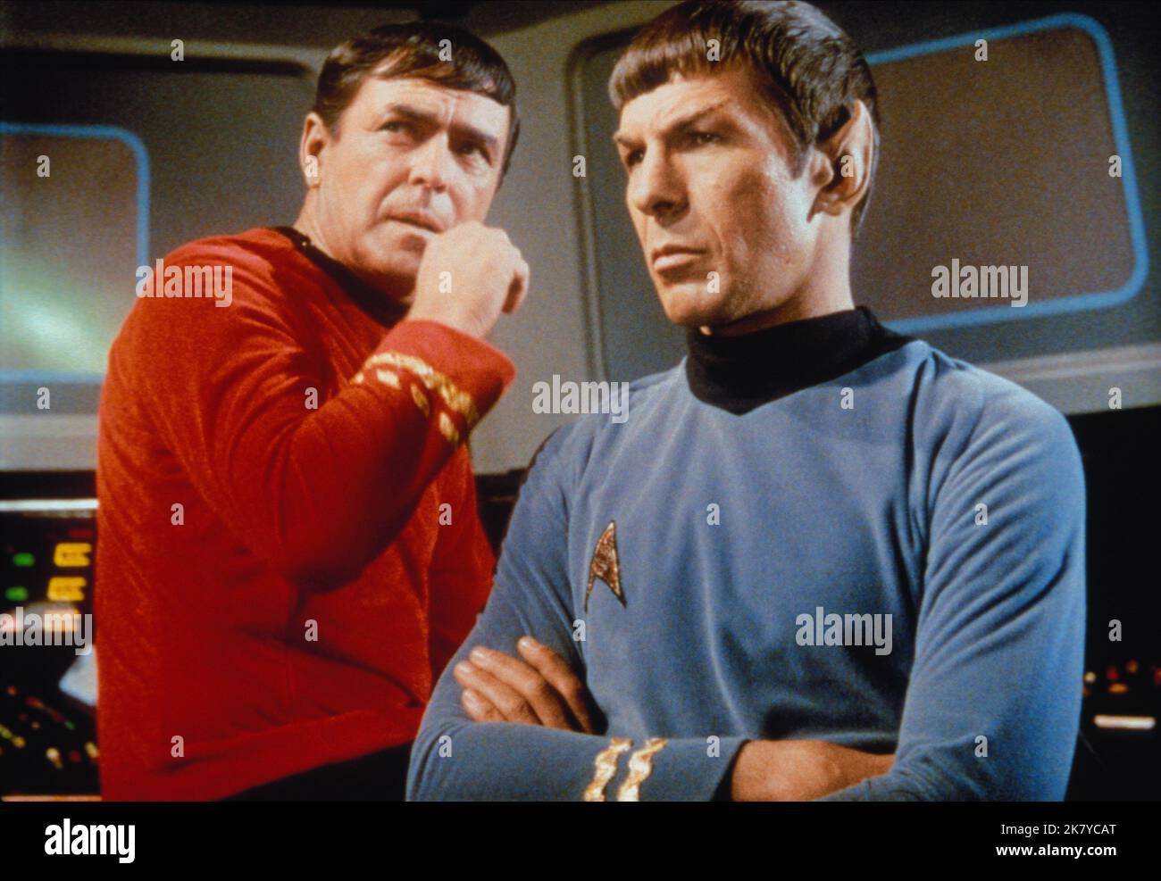 James Doohan & Leonard Nimoy Television: Star Trek (TV-Serie) Characters: Scotty, Mr. Spock  Usa 1966-1969, / Star Trek: The Original Series / Tos 08 September 1966   **WARNING** This Photograph is for editorial use only and is the copyright of PARAMOUNT and/or the Photographer assigned by the Film or Production Company and can only be reproduced by publications in conjunction with the promotion of the above Film. A Mandatory Credit To PARAMOUNT is required. The Photographer should also be credited when known. No commercial use can be granted without written authority from the Film Company. Stock Photo