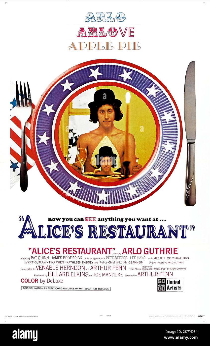 Arlo Guthrie Poster  Film Alice'S Restaurant (1969) Characters: Arlo Guthrie  Director: Arthur Penn 20 August 1969   **WARNING** This Photograph is for editorial use only and is the copyright of UNITED ARTISTS and/or the Photographer assigned by the  Film or Production Company and can only be reproduced by publications in conjunction with the promotion of the above  Film. A Mandatory Credit To UNITED ARTISTS is required. The Photographer should also be credited when known. No commercial use can be granted without written authority from the  Film Company. Stock Photo