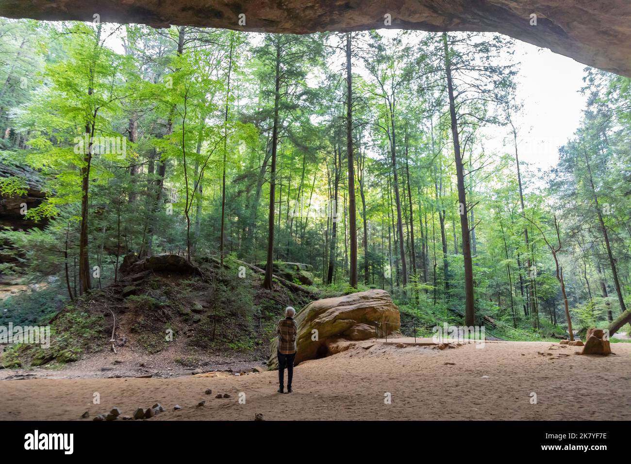 Logan, Ohio - Ash Cave at Hocking Hills State Park. The huge overhang is 700 feet long, 100 feet deep, and 90 feet high. It was used as shelter by Nat Stock Photo