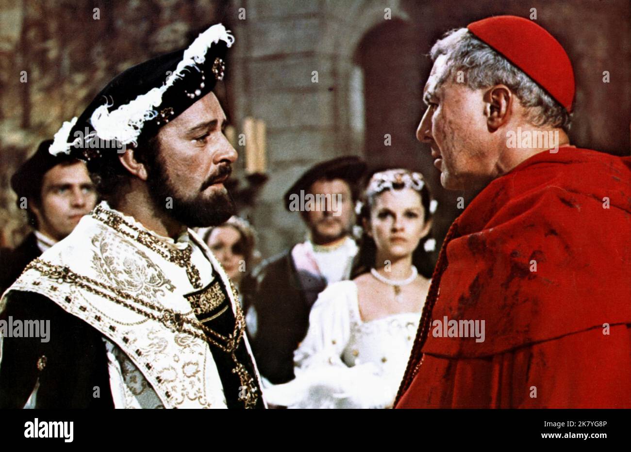 Richard Burton & Anthony Quayle Film: Anne Of The Thousand Days (1969) Characters: King Henry VIII & Cardinal Wolsey  Director: Charles Jarrott 18 December 1969   **WARNING** This Photograph is for editorial use only and is the copyright of UNIVERSAL and/or the Photographer assigned by the Film or Production Company and can only be reproduced by publications in conjunction with the promotion of the above Film. A Mandatory Credit To UNIVERSAL is required. The Photographer should also be credited when known. No commercial use can be granted without written authority from the Film Company. Stock Photo
