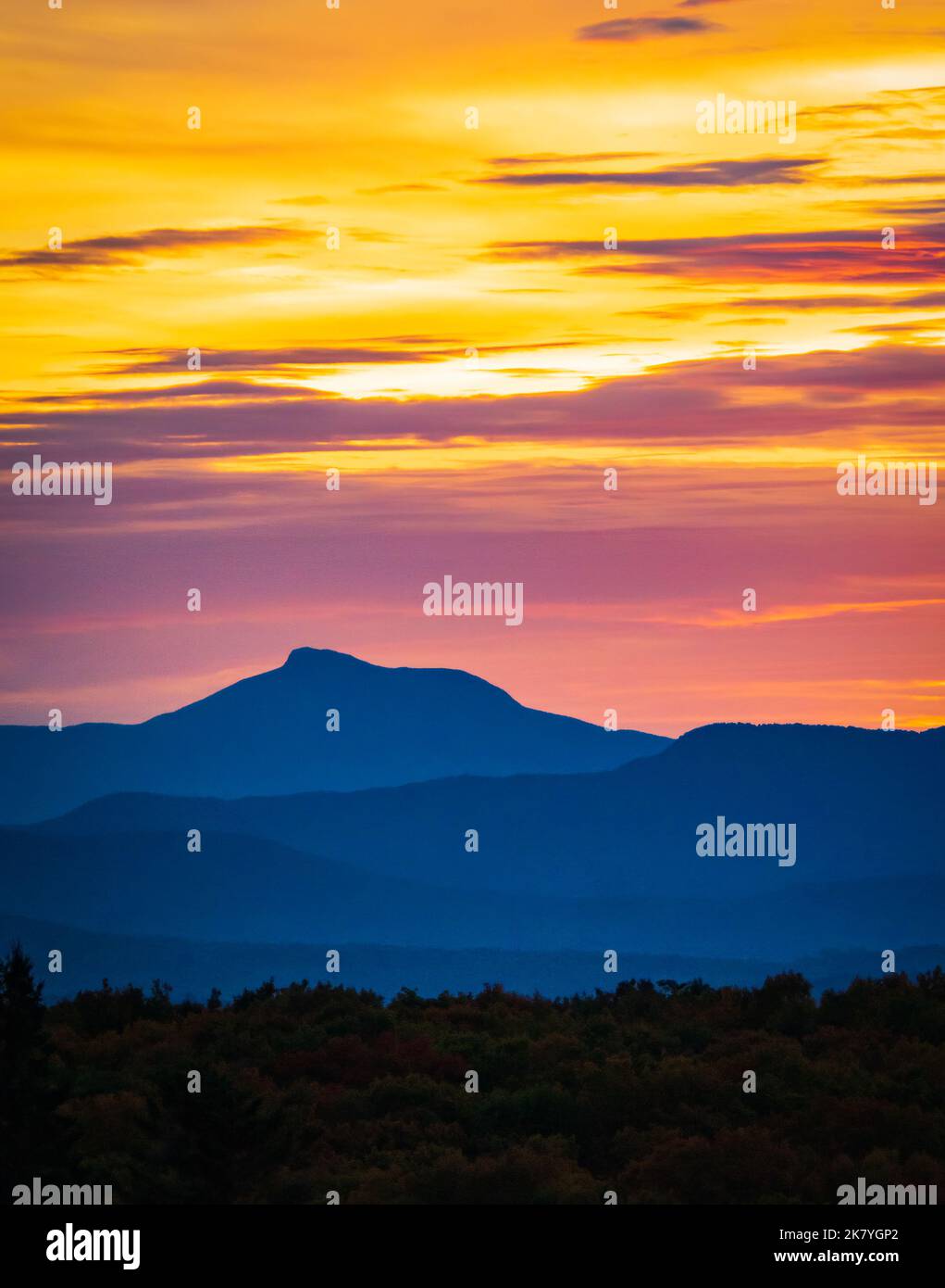 view of Camel's Hump Mountain from Cabot, Vermont at sunset Stock Photo