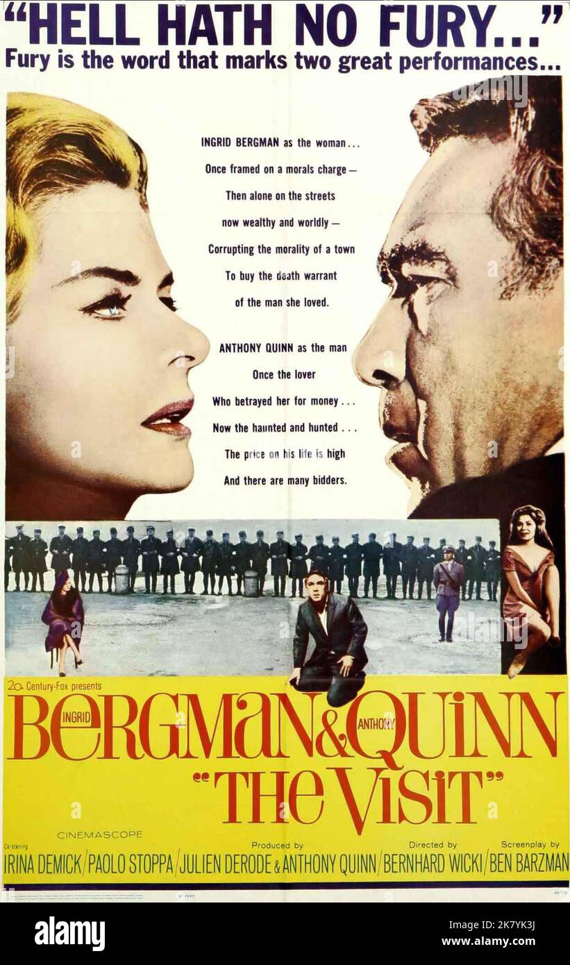 Ingrid Bergman & Anthony Quinn Poster Film: The Visit (1964) Characters: Karla Zachanassian &  Director: Bernhard Wicki 06 May 1964   **WARNING** This Photograph is for editorial use only and is the copyright of 20THCENTURY FOX and/or the Photographer assigned by the Film or Production Company and can only be reproduced by publications in conjunction with the promotion of the above Film. A Mandatory Credit To 20THCENTURY FOX is required. The Photographer should also be credited when known. No commercial use can be granted without written authority from the Film Company. Stock Photo