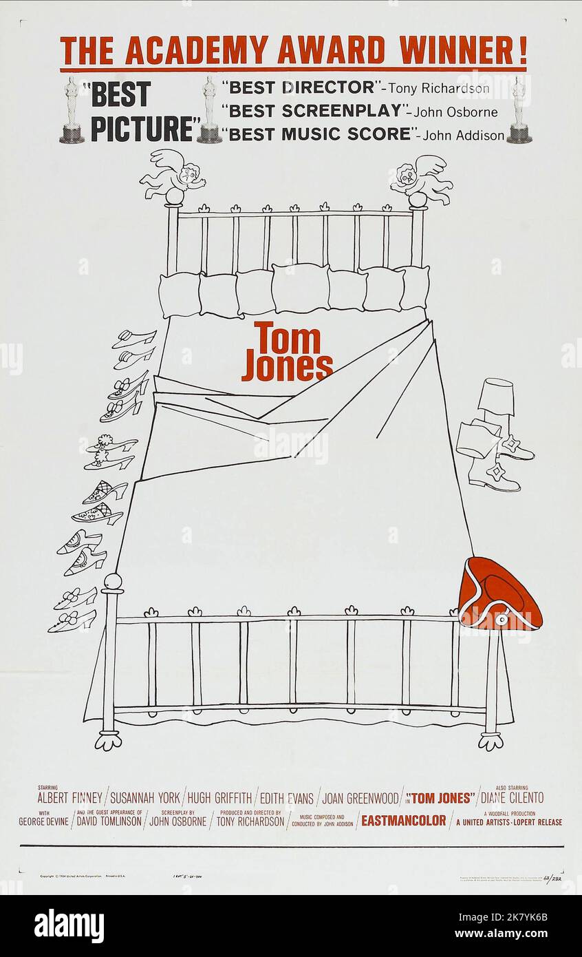 Film Poster Film: Tom Jones (UK 1963)   / Literaturverfilmung (Based On The Book By Henry Fielding) Director: Tony Richardson 26 June 1963   **WARNING** This Photograph is for editorial use only and is the copyright of WOODFALL FILM PRODUCTIONS and/or the Photographer assigned by the Film or Production Company and can only be reproduced by publications in conjunction with the promotion of the above Film. A Mandatory Credit To WOODFALL FILM PRODUCTIONS is required. The Photographer should also be credited when known. No commercial use can be granted without written authority from the Film Compa Stock Photo