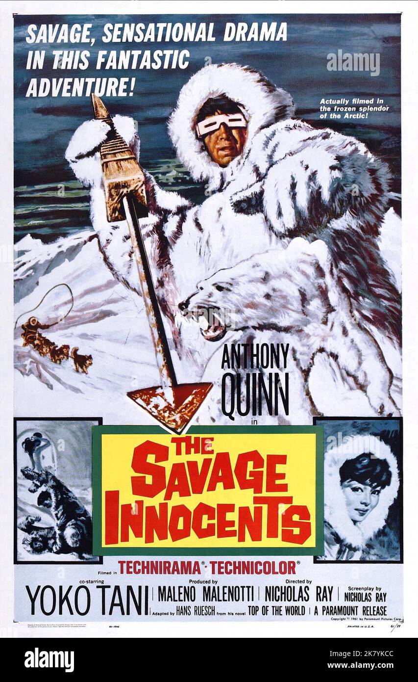 Film Poster Film: The Savage Innocents (1965)   Director: Nicholas Ray 01 March 1960   **WARNING** This Photograph is for editorial use only and is the copyright of PARAMOUNT and/or the Photographer assigned by the Film or Production Company and can only be reproduced by publications in conjunction with the promotion of the above Film. A Mandatory Credit To PARAMOUNT is required. The Photographer should also be credited when known. No commercial use can be granted without written authority from the Film Company. Stock Photo
