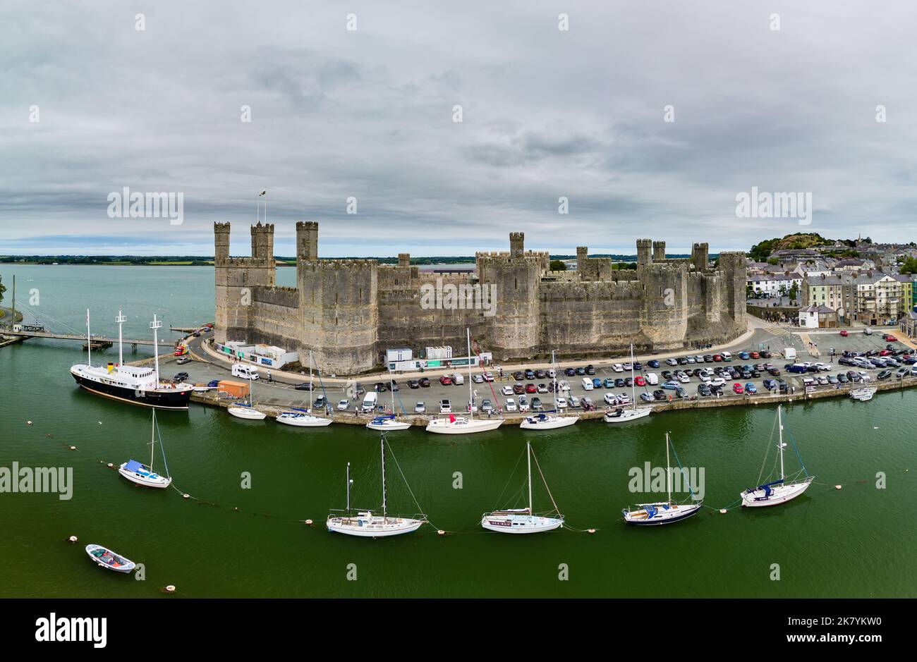 Aerial view of the ancient Caernarfon Castle in North Wales. Stock Photo