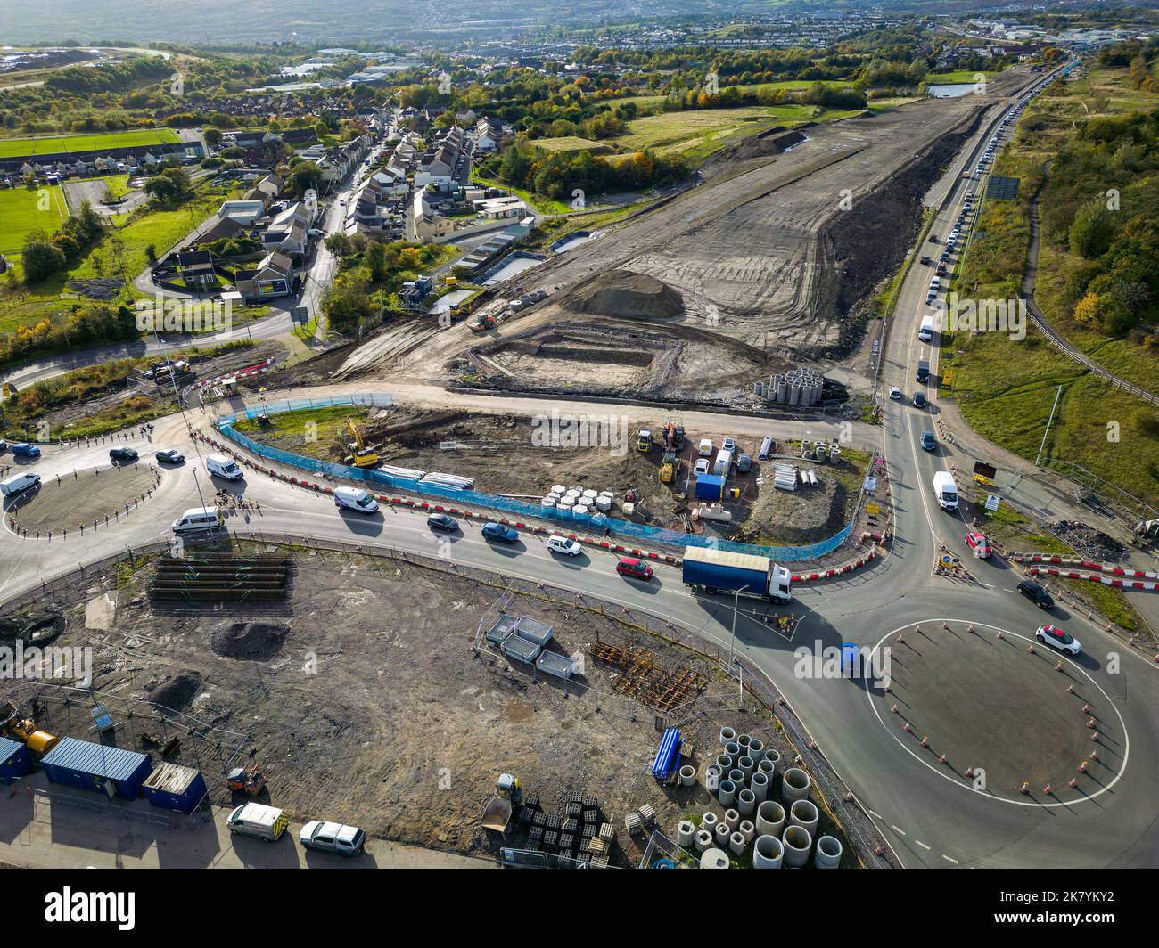 Aerial view of roadworks and traffic cones during the dualling of the A465 road in South Wales. Stock Photo