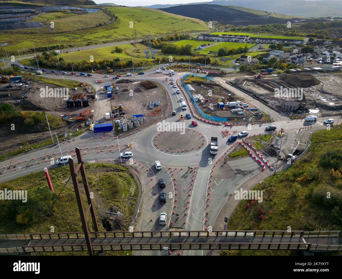 Aerial view of roadworks and traffic cones during the dualling of the A465 road in South Wales. Stock Photo