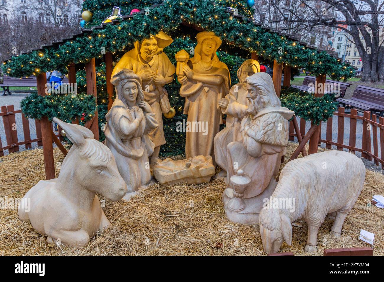 PRAGUE, CZECH REPUBLIC - DECEMBER 11, 2020: Nativity scene on Namesti Miru square in Prague, Czech Republic Stock Photo