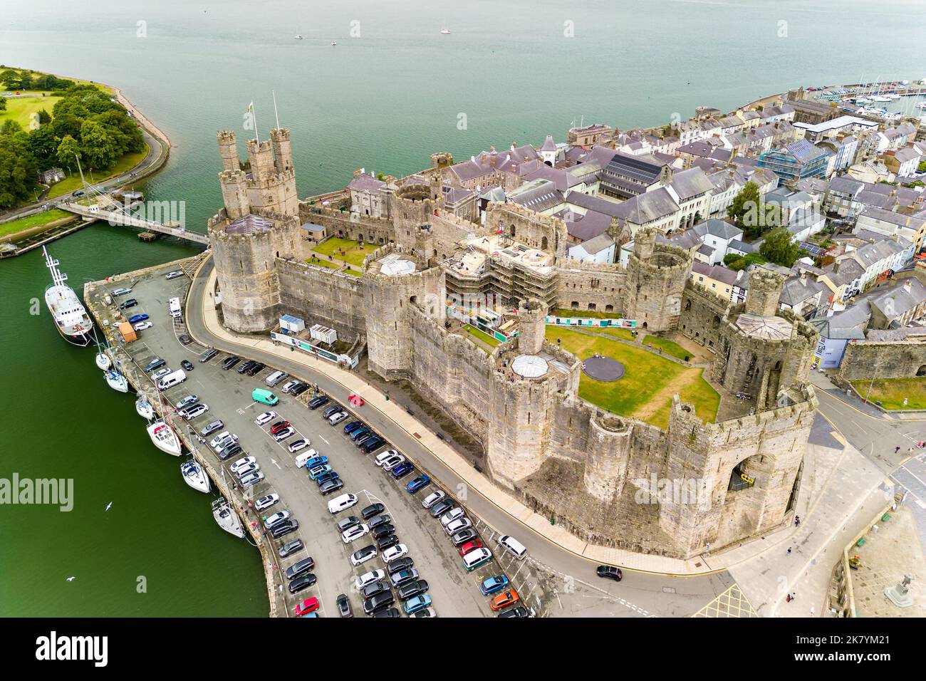 Aerial view of the ancient Caernarfon Castle in North Wales. Stock Photo