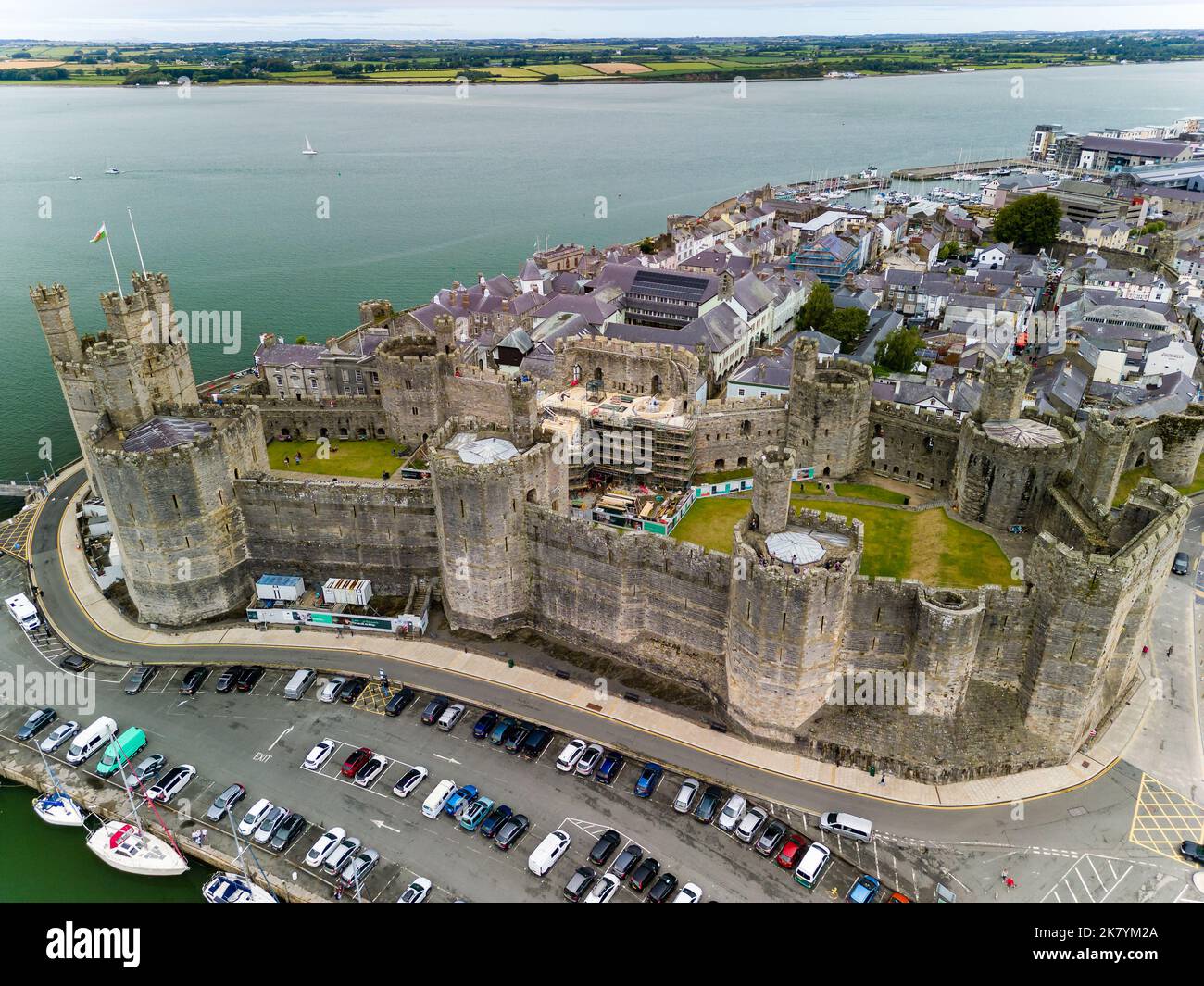 Aerial view of the ancient Caernarfon Castle in North Wales. Stock Photo