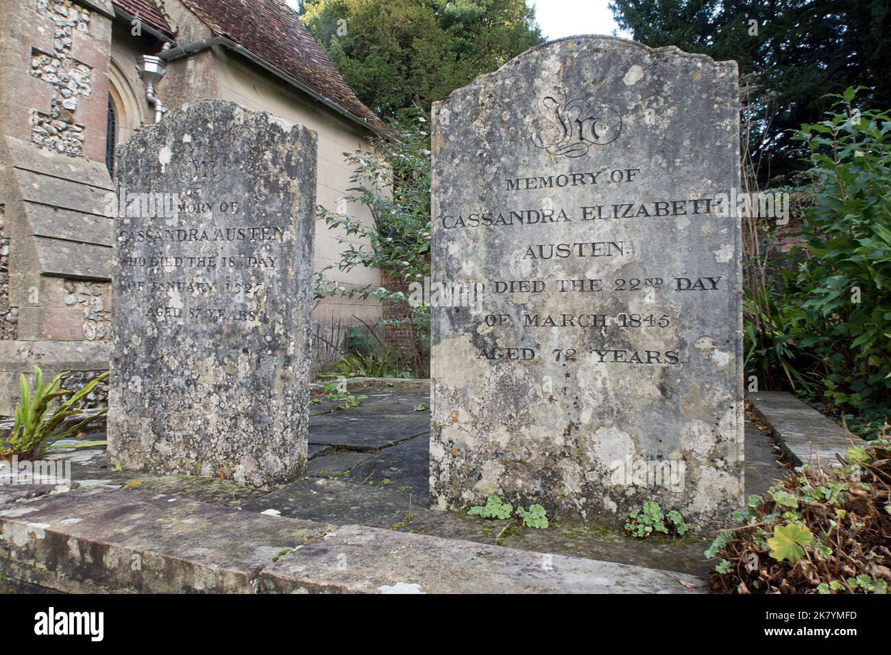 gravestones of Jane Austen's mother and sister in the churchyard of St Nicholas Church, Chawton, Hampshire, England Stock Photo
