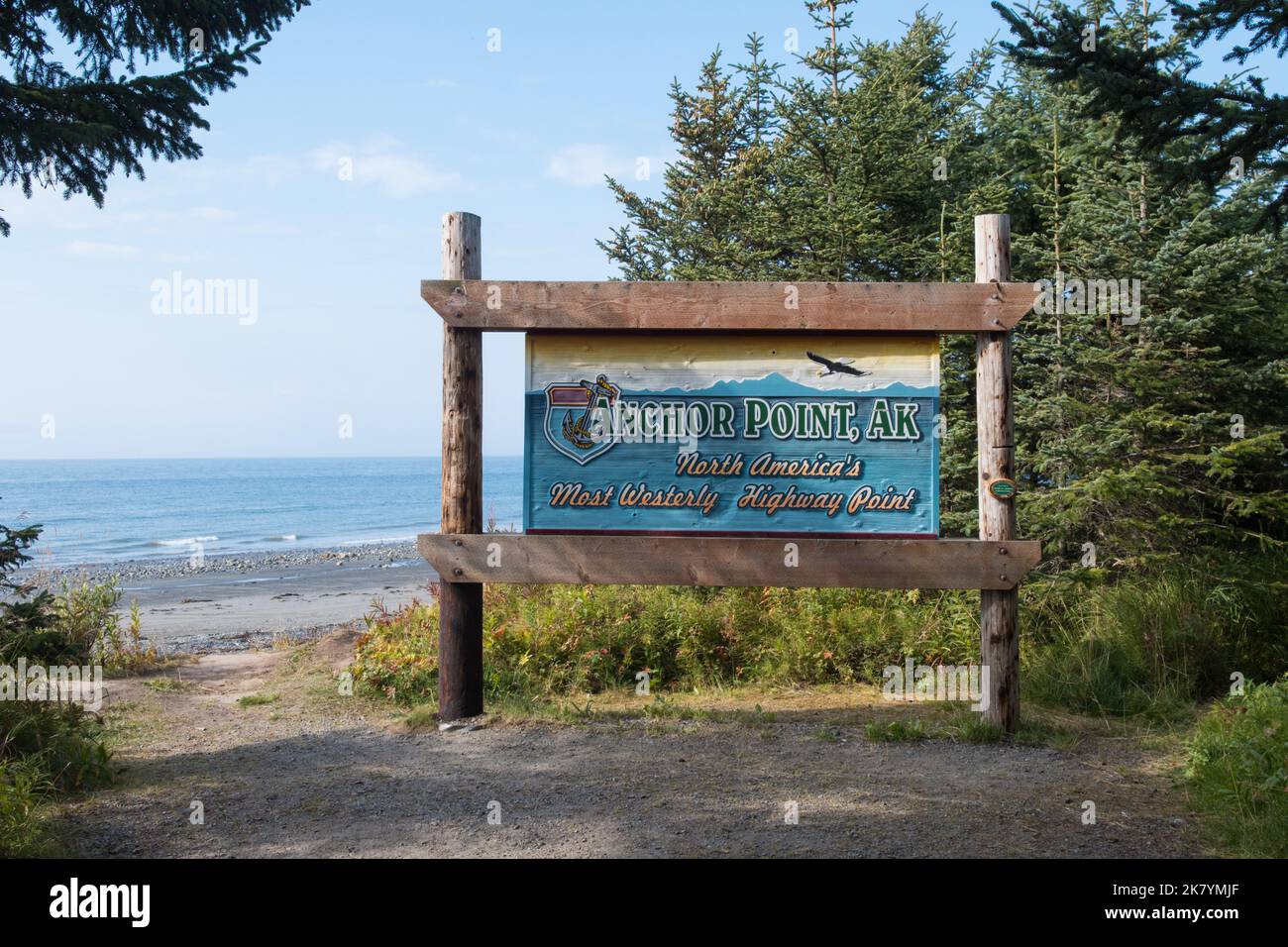 A sign marking Anchor Point, North America's most westerly highway