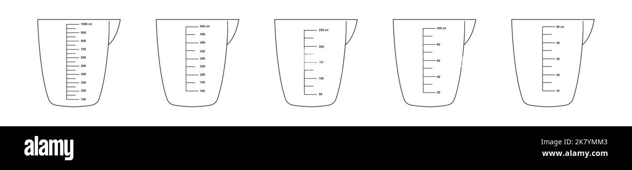 Set of measuring cups with 1 liter, 500, 250, 100 and 50 ml fluid volume scale. Liquid containers for preparing cooking. Vector outline illustration. Stock Vector