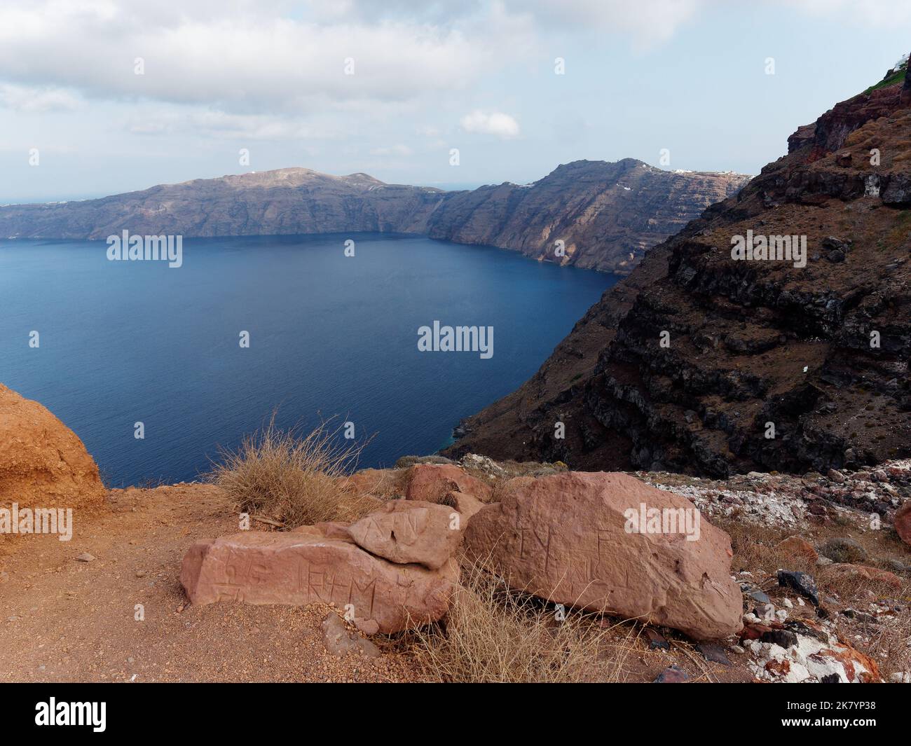 View from Skaros Rock over the Caldera. Greek Cyclades island of Santorini in the Aegean Sea. Stock Photo