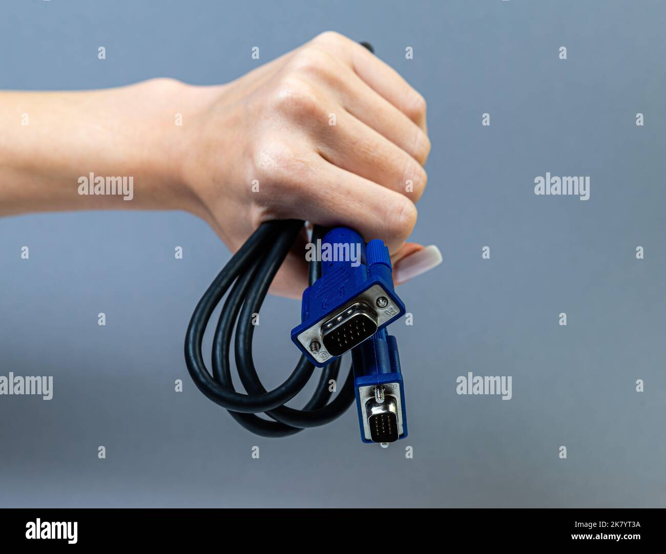 Hand holding black VGA cable. Man's hand holds a VGA Connector. Closeup VGA cable.Selective focus and shallow Depth of field. Stock Photo