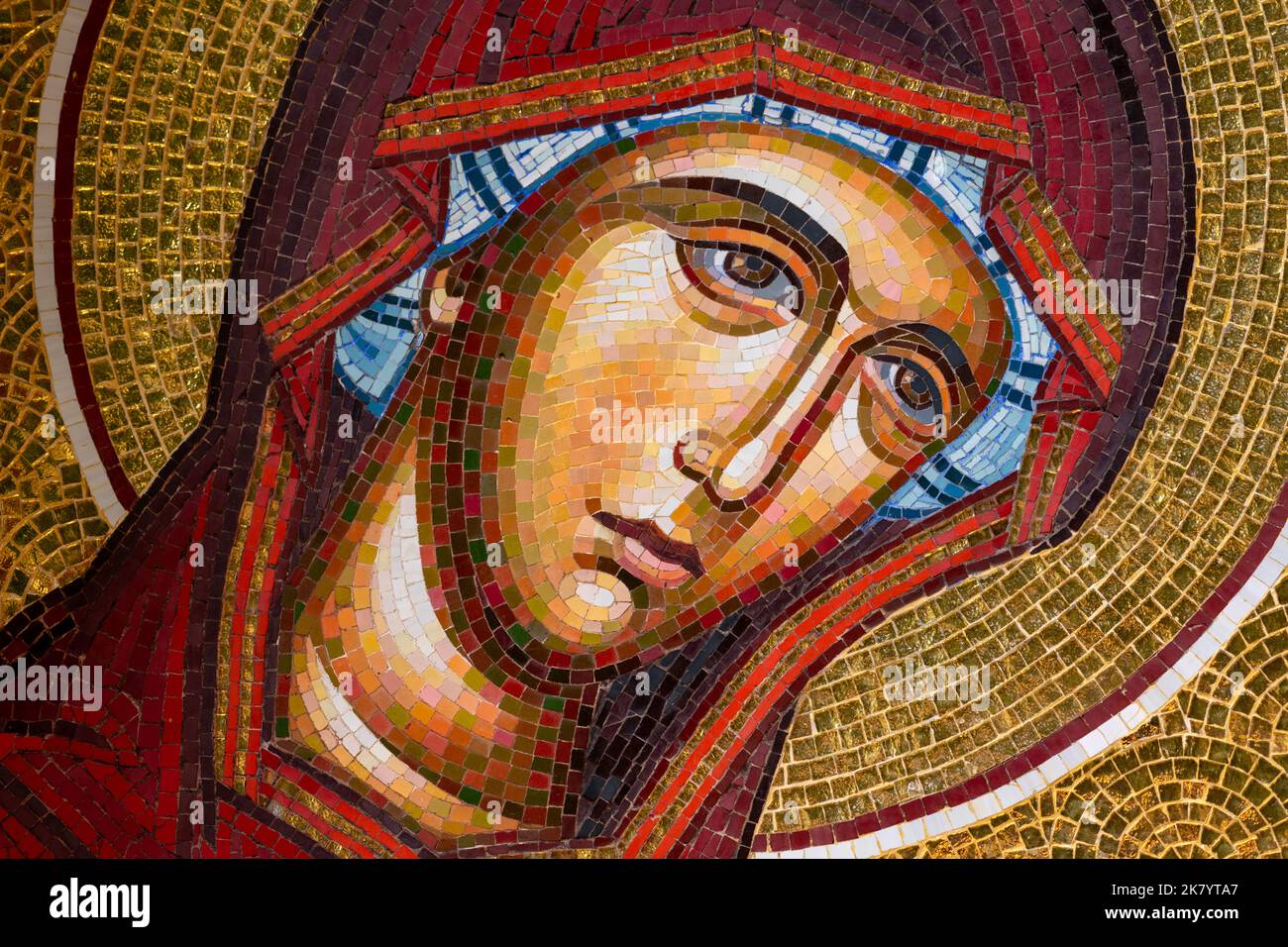 Detail of byzantine or orthodox mosaic icon depicting the head of Virgin Mary. Great for Easter needs. Stock Photo
