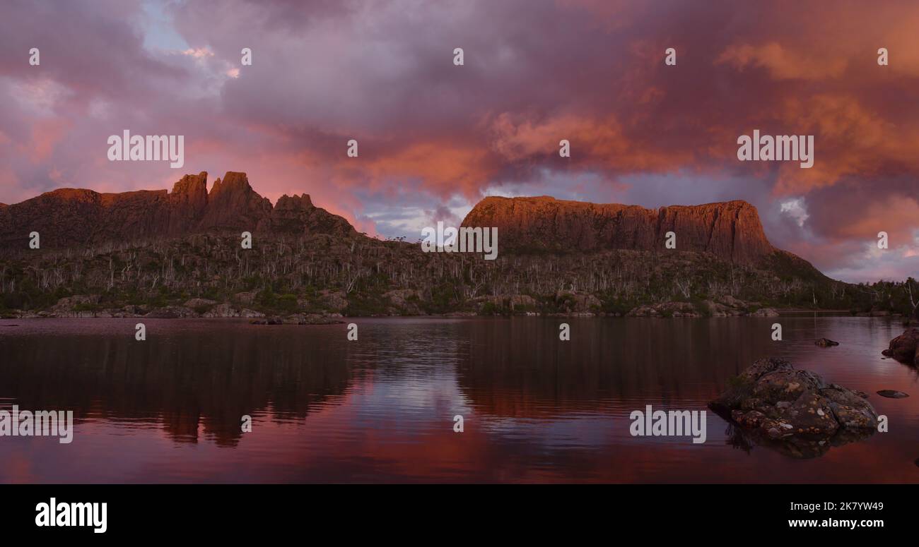 mt geryon and lake elysia at sunset in tasmania Stock Photo