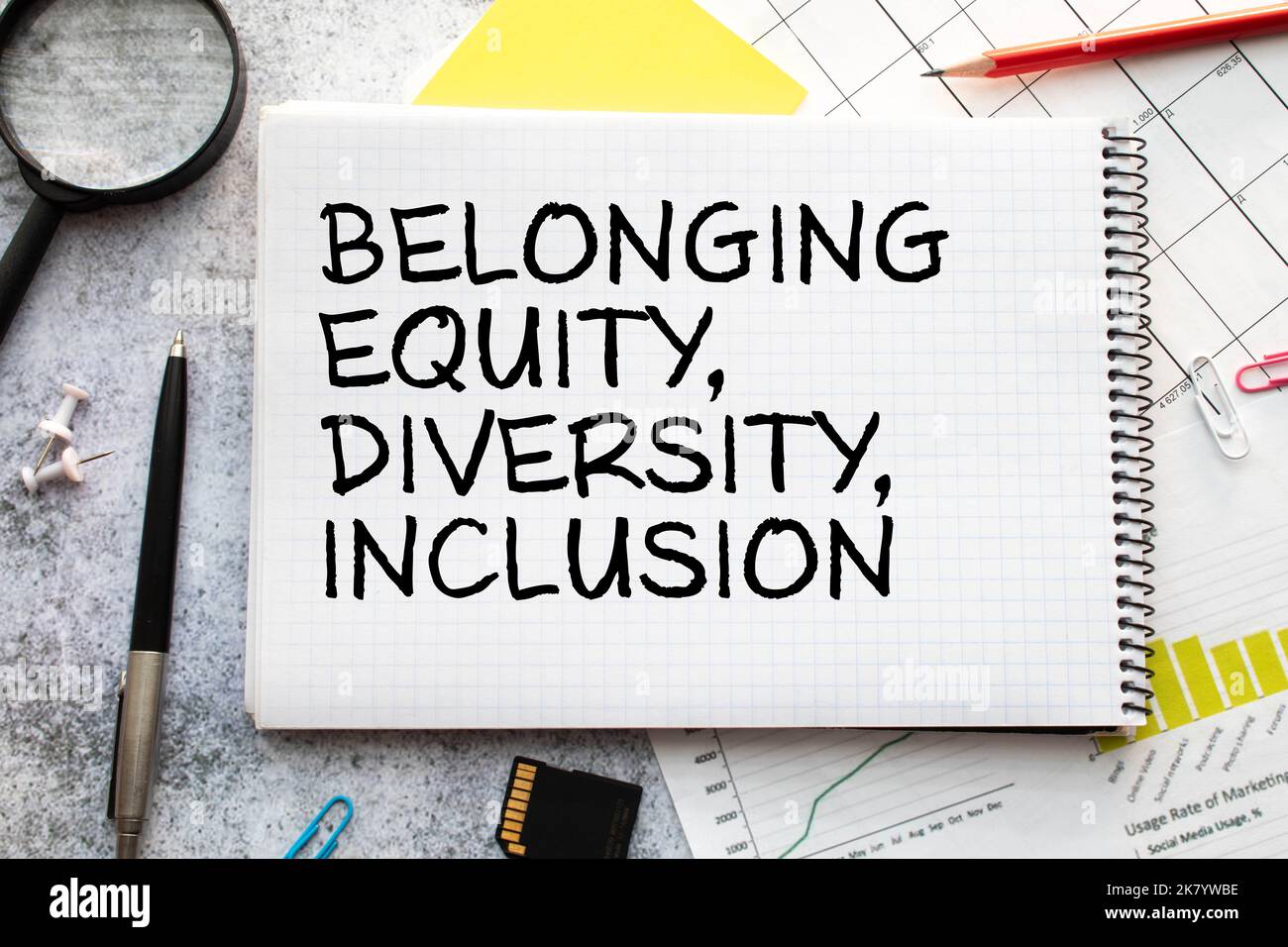 paper note message with the written word Equity, identity, diversity, inclusion, belonging. Stock Photo