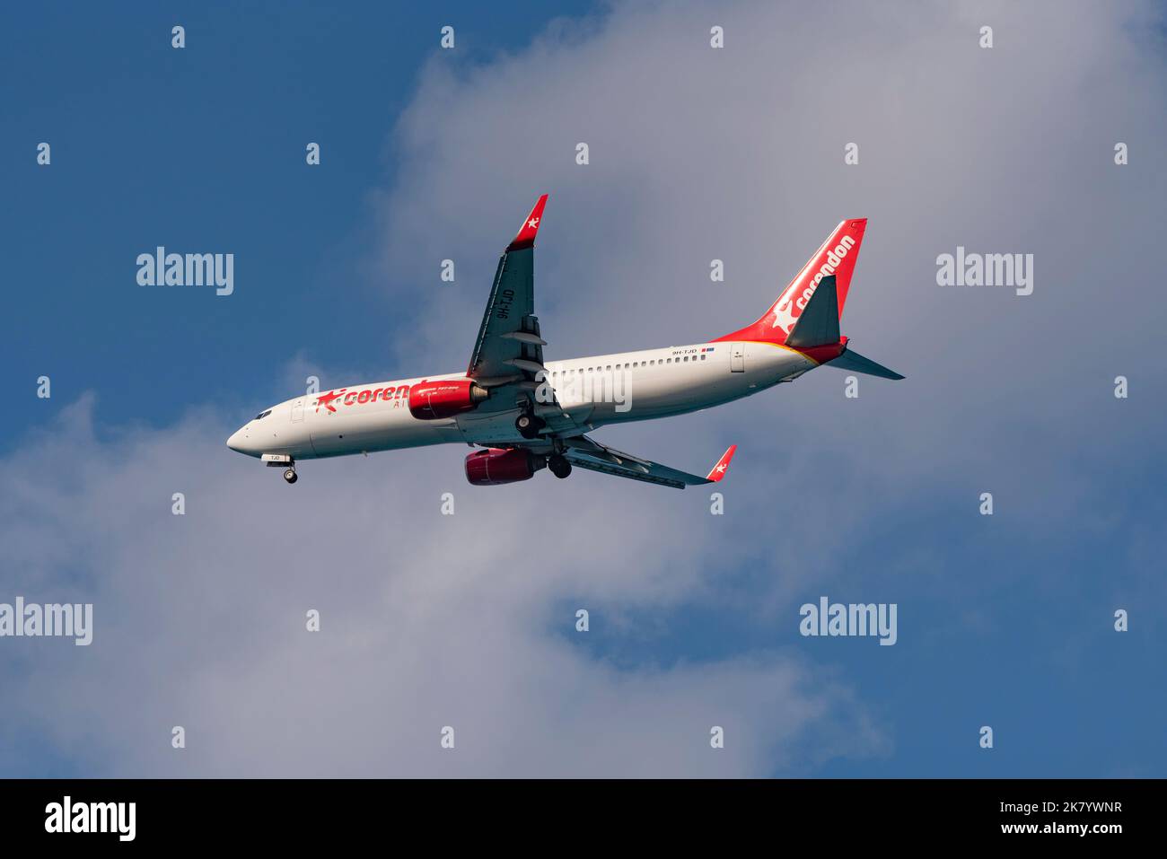 Crete, Greece. 2022. Twinjet 737 800 Corendon Airlines Turkish operator on final approach to Heraklion International Airport in Crete, Greece Stock Photo