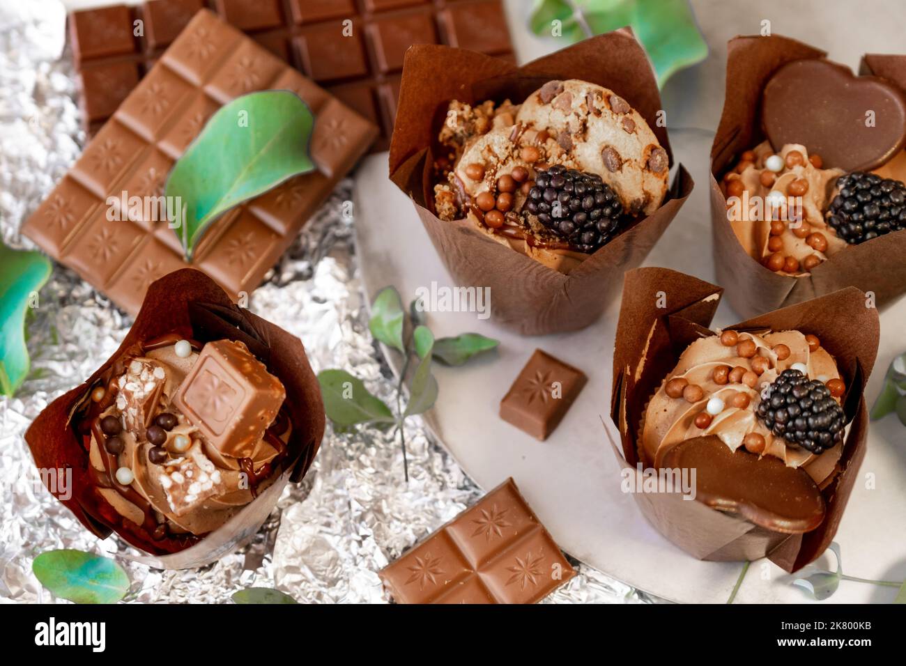 Chocolate cupcake with blackberry and eucalyptus leaves on silver foil.Chocolate dessert
