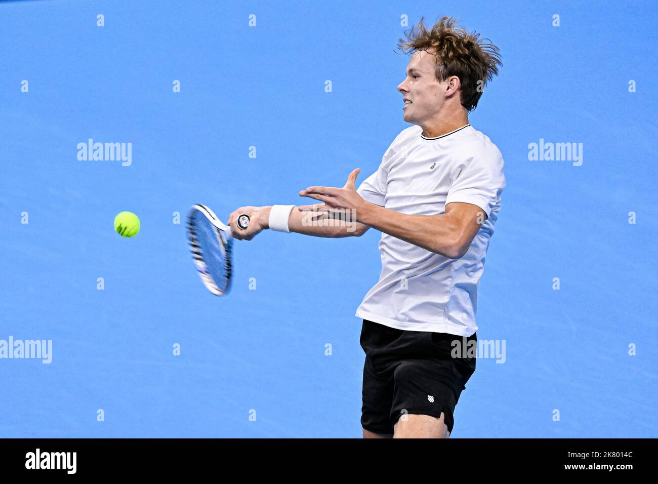 Belgian Michael Geerts pictured in action during a match between American Brooksby and Belgian Geerts, in the qualifications for the European Open Tennis ATP tournament, in Antwerp, Sunday 17 October 2021