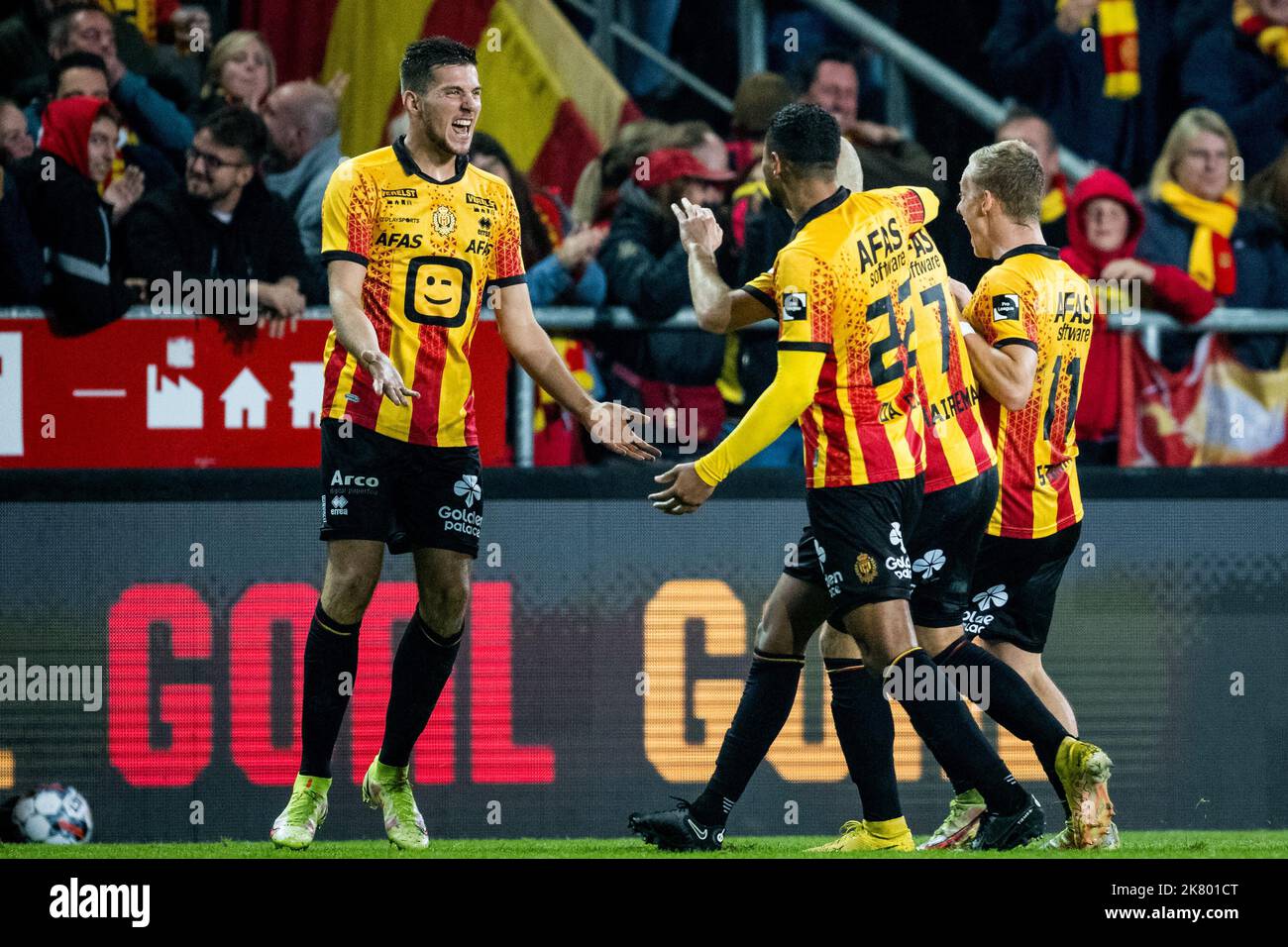 Mechelen's Jordi Vanlerberghe celebrates after scoring during a soccer ...