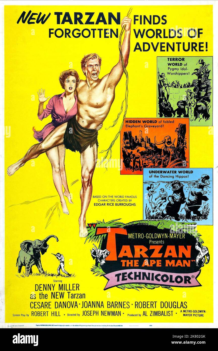 Joanna Barnes & Denny Miller Poster Film: Tarzan, The Ape Man (USA 1959) Characters: Jane Parker, Tarzan  Director: Joseph M. Newman 01 October 1959   **WARNING** This Photograph is for editorial use only and is the copyright of MGM and/or the Photographer assigned by the Film or Production Company and can only be reproduced by publications in conjunction with the promotion of the above Film. A Mandatory Credit To MGM is required. The Photographer should also be credited when known. No commercial use can be granted without written authority from the Film Company. Stock Photo