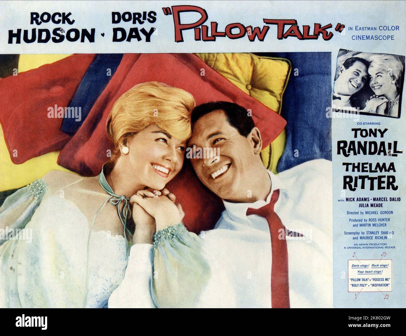 Doris Day & Rock Hudson Lobby Card Film: Pillow Talk (USA 1959)   Director: Michael Gordon 06 October 1959   **WARNING** This Photograph is for editorial use only and is the copyright of UNIVERSAL and/or the Photographer assigned by the Film or Production Company and can only be reproduced by publications in conjunction with the promotion of the above Film. A Mandatory Credit To UNIVERSAL is required. The Photographer should also be credited when known. No commercial use can be granted without written authority from the Film Company. Stock Photo