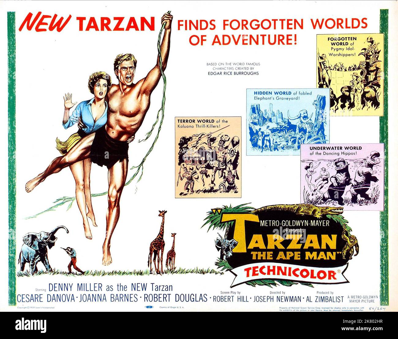 Joanna Barnes & Denny Miller Poster Film: Tarzan, The Ape Man (USA 1959) Characters: Jane Parker, Tarzan  Director: Joseph M. Newman 01 October 1959   **WARNING** This Photograph is for editorial use only and is the copyright of MGM and/or the Photographer assigned by the Film or Production Company and can only be reproduced by publications in conjunction with the promotion of the above Film. A Mandatory Credit To MGM is required. The Photographer should also be credited when known. No commercial use can be granted without written authority from the Film Company. Stock Photo