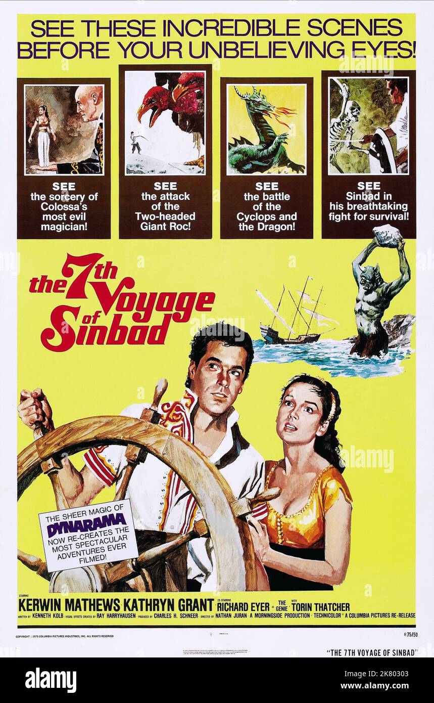Kerwin Mathews & Kathryn Grant Poster Film: The 7th Voyage Of Sinbad (1956) Characters: Sinbad, Princess Parisa  Director: Nathan Juran 05 December 1958   **WARNING** This Photograph is for editorial use only and is the copyright of COLUMBIA and/or the Photographer assigned by the Film or Production Company and can only be reproduced by publications in conjunction with the promotion of the above Film. A Mandatory Credit To COLUMBIA is required. The Photographer should also be credited when known. No commercial use can be granted without written authority from the Film Company. Stock Photo