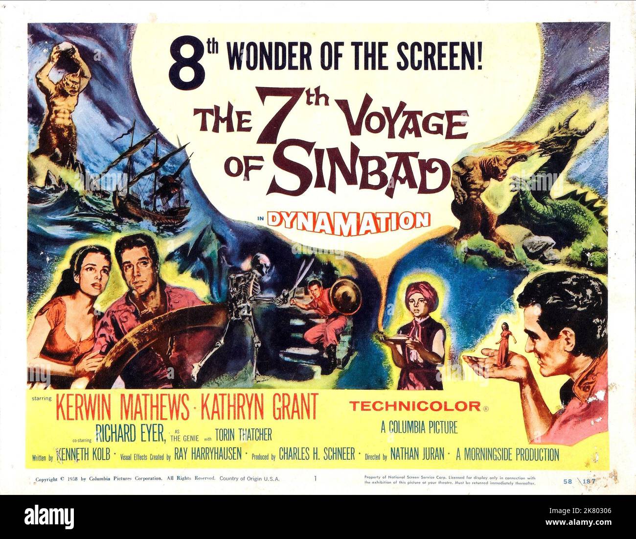 Kerwin Mathews & Kathryn Grant Poster Film: The 7th Voyage Of Sinbad (1958) Characters: Sinbad, Princess Parisa  Director: Nathan Juran 05 December 1958   **WARNING** This Photograph is for editorial use only and is the copyright of COLUMBIA and/or the Photographer assigned by the Film or Production Company and can only be reproduced by publications in conjunction with the promotion of the above Film. A Mandatory Credit To COLUMBIA is required. The Photographer should also be credited when known. No commercial use can be granted without written authority from the Film Company. Stock Photo