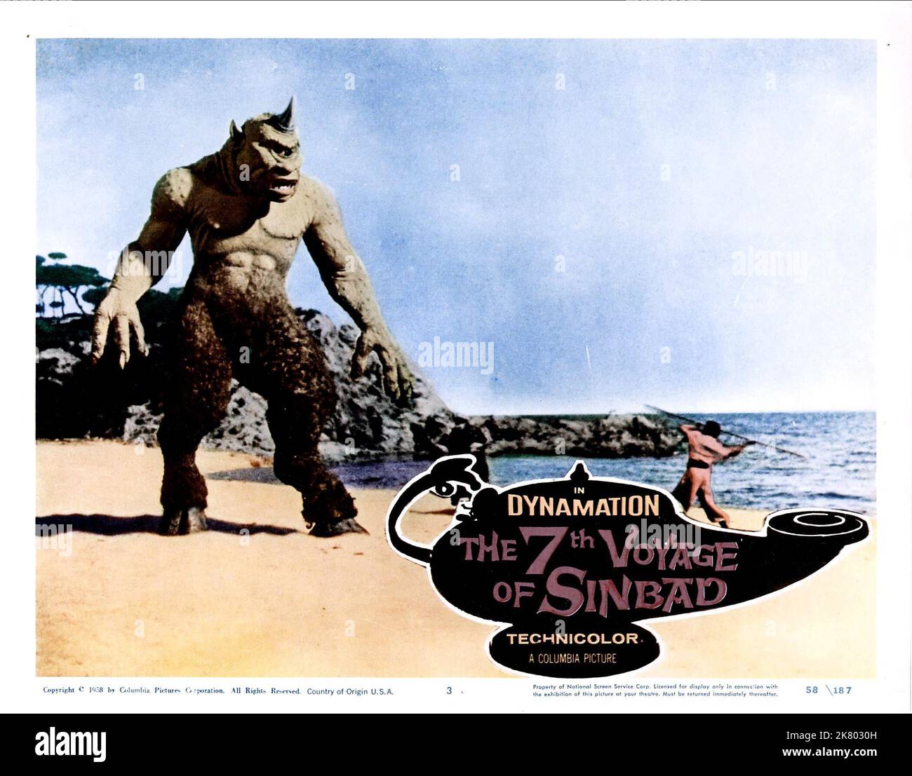 Cyclops Monster Poster Film: The 7th Voyage Of Sinbad (1958)   Director: Nathan Juran 05 December 1958   **WARNING** This Photograph is for editorial use only and is the copyright of COLUMBIA and/or the Photographer assigned by the Film or Production Company and can only be reproduced by publications in conjunction with the promotion of the above Film. A Mandatory Credit To COLUMBIA is required. The Photographer should also be credited when known. No commercial use can be granted without written authority from the Film Company. Stock Photo