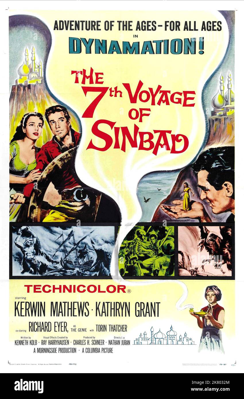 Kerwin Mathews & Kathryn Grant Poster Film: The 7th Voyage Of Sinbad (1958) Characters: Sinbad, Princess Parisa  Director: Nathan Juran 05 December 1958   **WARNING** This Photograph is for editorial use only and is the copyright of COLUMBIA and/or the Photographer assigned by the Film or Production Company and can only be reproduced by publications in conjunction with the promotion of the above Film. A Mandatory Credit To COLUMBIA is required. The Photographer should also be credited when known. No commercial use can be granted without written authority from the Film Company. Stock Photo