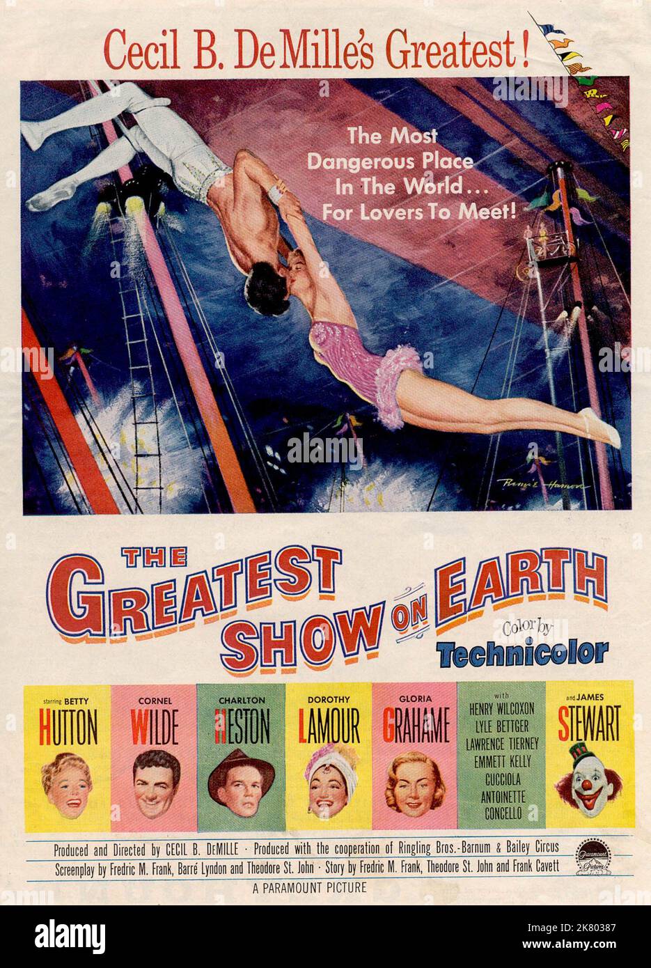 Film Poster Film: The Greatest Show On Earth (1953)   Director: Cecil B. Demille 10 January 1952   **WARNING** This Photograph is for editorial use only and is the copyright of PARAMOUNT PICTURES and/or the Photographer assigned by the Film or Production Company and can only be reproduced by publications in conjunction with the promotion of the above Film. A Mandatory Credit To PARAMOUNT PICTURES is required. The Photographer should also be credited when known. No commercial use can be granted without written authority from the Film Company. Stock Photo