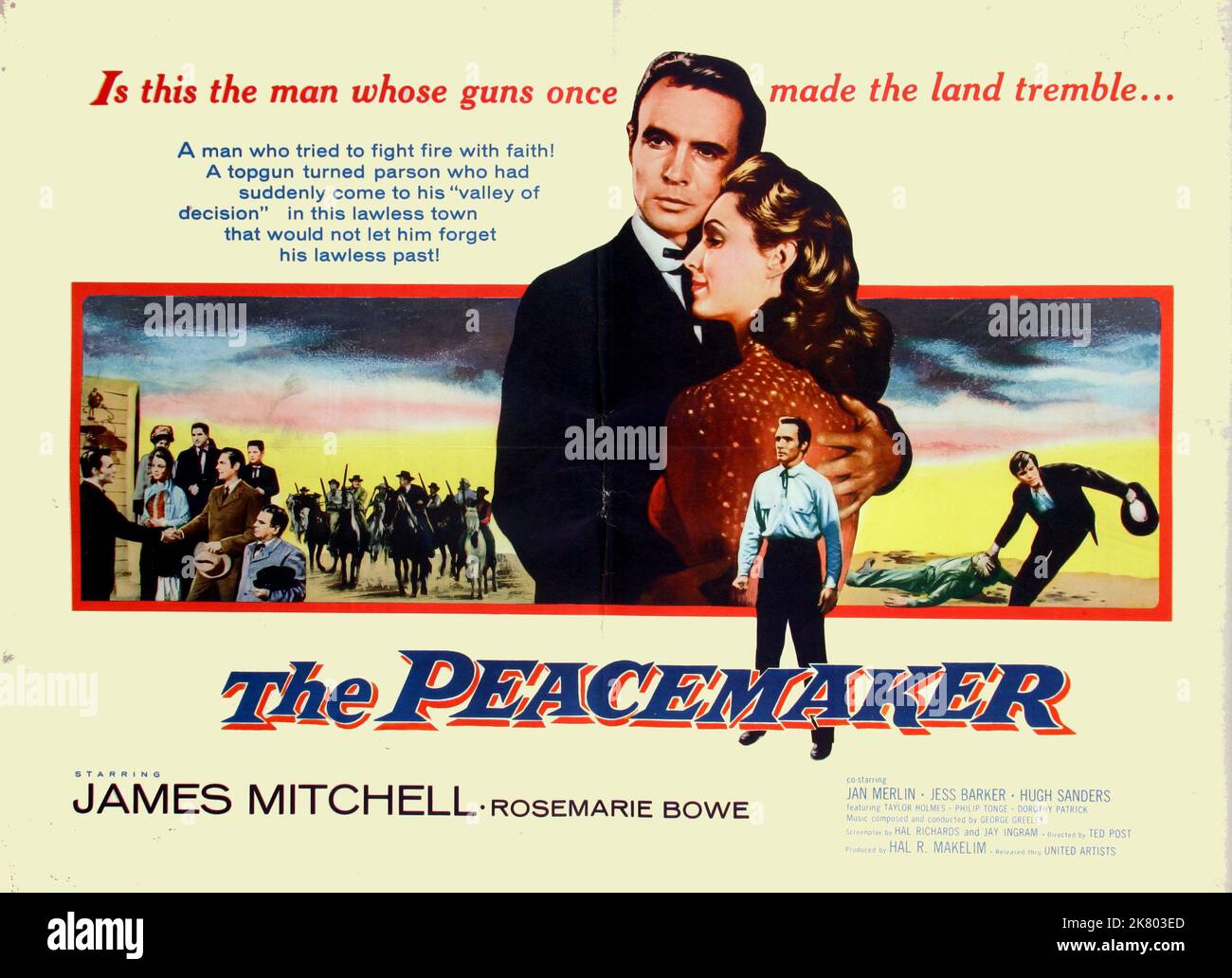 Film Poster Film: The Peacemaker (1957)   Director: Ted Post 01 November 1956   **WARNING** This Photograph is for editorial use only and is the copyright of UNITED ARTISTS and/or the Photographer assigned by the Film or Production Company and can only be reproduced by publications in conjunction with the promotion of the above Film. A Mandatory Credit To UNITED ARTISTS is required. The Photographer should also be credited when known. No commercial use can be granted without written authority from the Film Company. Stock Photo