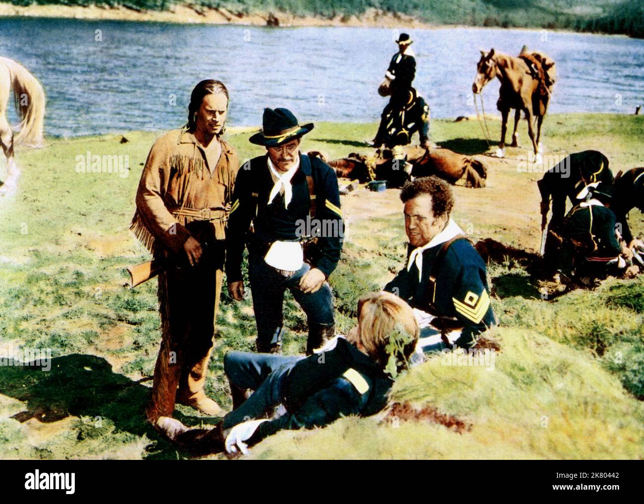 Charlton Heston, Milburn Stone & Frank Richards Film: The Savage (1956) Characters: James 'Jim' Aherne Jr. / War Bonnet,Corporal Martin & Sergeant Norris  Director: George Marshall 01 September 1952   **WARNING** This Photograph is for editorial use only and is the copyright of PARAMOUNT and/or the Photographer assigned by the Film or Production Company and can only be reproduced by publications in conjunction with the promotion of the above Film. A Mandatory Credit To PARAMOUNT is required. The Photographer should also be credited when known. No commercial use can be granted without written a Stock Photo