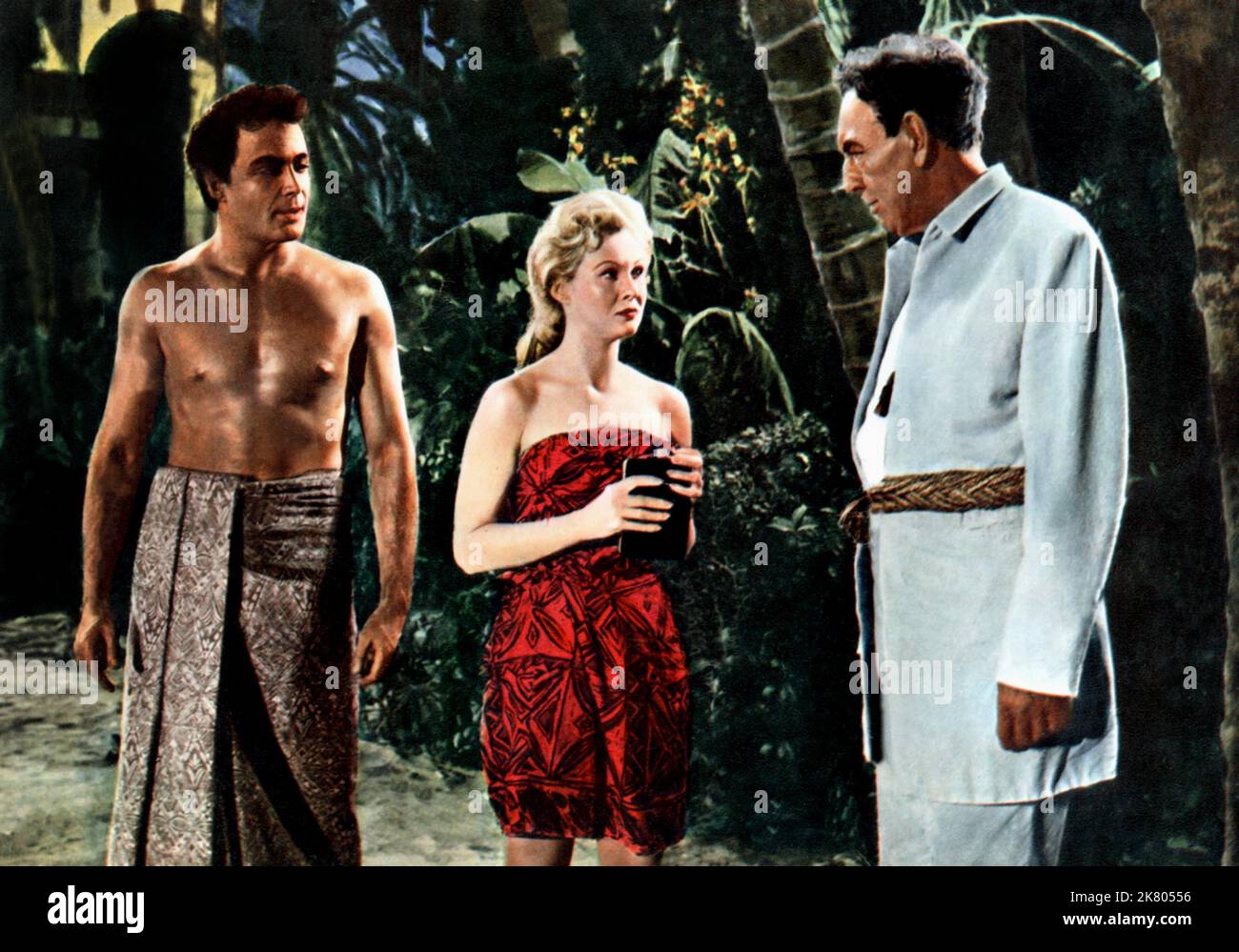 Lance Fuller, Virginia Mayo & David Farrar Film: Pearl Of The South Pacific (1958) Characters: George,Rita Delaine & Bully Hague  Director: Allan Dwan 16 September 1955   **WARNING** This Photograph is for editorial use only and is the copyright of RKO and/or the Photographer assigned by the Film or Production Company and can only be reproduced by publications in conjunction with the promotion of the above Film. A Mandatory Credit To RKO is required. The Photographer should also be credited when known. No commercial use can be granted without written authority from the Film Company. Stock Photo